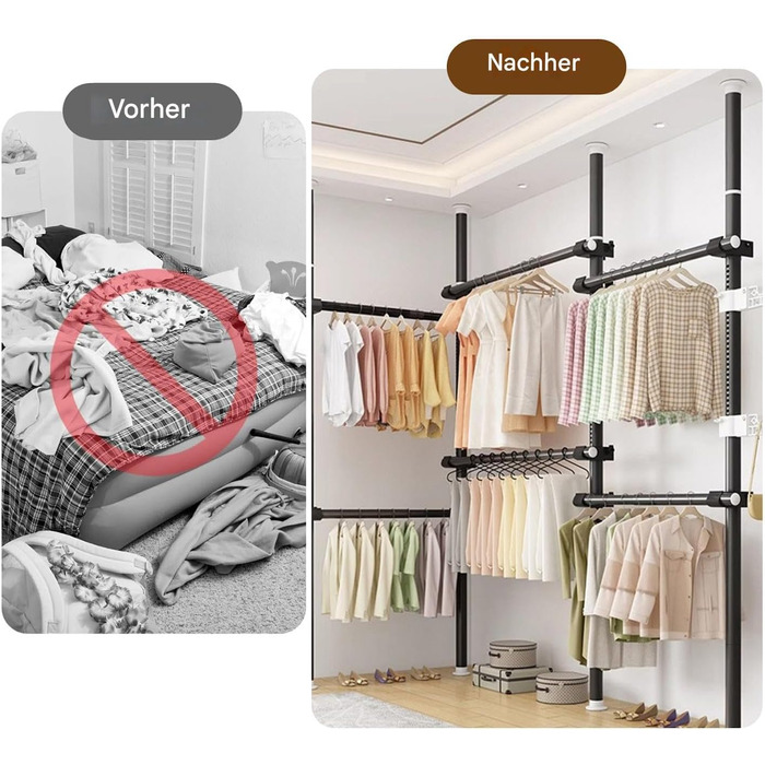 Телескопічна система для гардеробу, штанга для одягу з 6 штангами, телескопічний шафа для одягу з 2 гачками, регульована полиця 110-300 см, для дому та магазину одягу, білий (чорний)