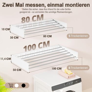 Настінна розкладна сушарка для білизни, компактна сушарка для рушників, висувна з шаблоном для свердління (6 сушарок, білий, 100 см), білий (білий, 80 см)