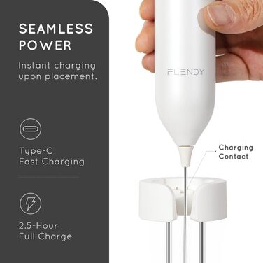 Електричний пінозбивач для молока Flendy з USB-C, для кави, матча, протеїнових коктейлів, білий