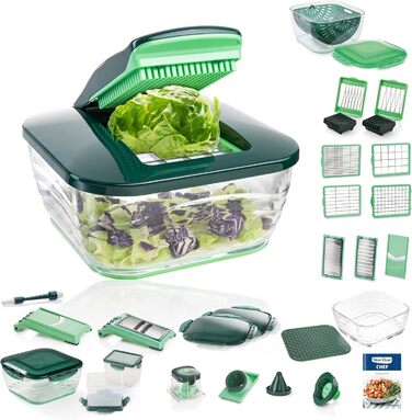 Genius Nicer Dicer Chef Deluxe XXL 37-Piece Set with Glass Bowl Set, Tomato & Vegetable Chopper & 3-in-1 Strainer Bowl - Crushes, Chops Onions, French Fry Cutter, Green