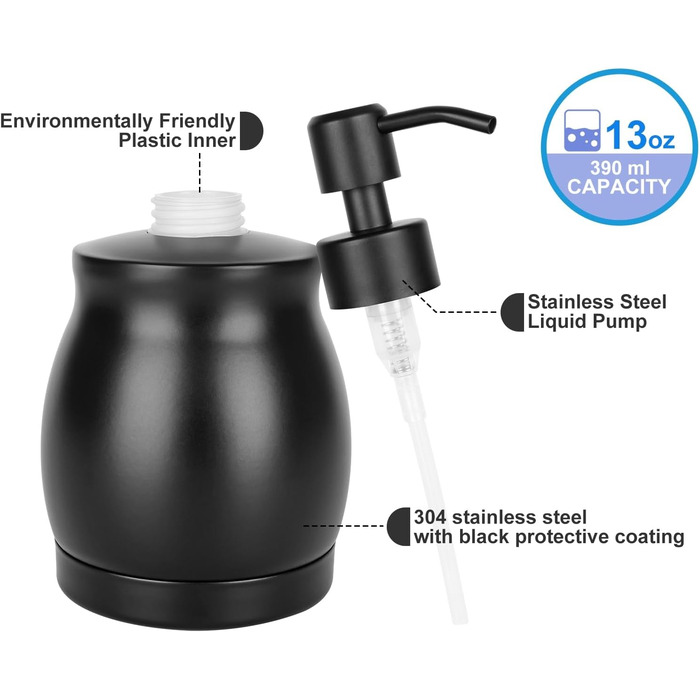 Дозатор мила з нержавіючої сталі з флаконом для рідини та помпою, 390 мл (Чорний, з дозатором)