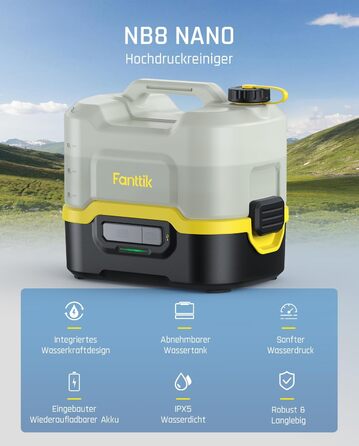 Fanttik NB8 Nano Portable Cordless Electric Pressure Washer with 8-Liter Tank, Retractable Spray Nozzle, 2600 mAh, Washer for Patio, Camping Shower, and Pet Cleaning
