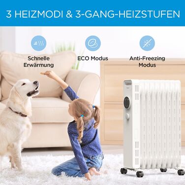 Радіатор масляний Midea 2000W, енергозберігаючий, тихий, з 9 ребрами, термостатом, 3 режими, захист від замерзання, LED дисплеєм, захистом від перекидання та перегріву, ECO-режим