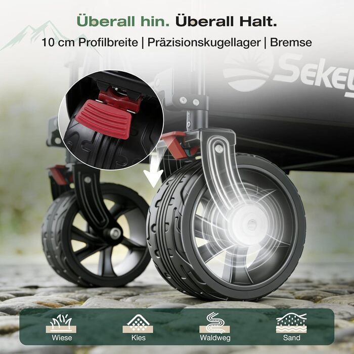 Універсальний складаний візок Sekey XXL Plus 200L/200кг з гальмами та широкими колесами для бездоріжжя (чорний, колеса 10 см)