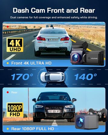 Автомобільний відеореєстратор WOLFANG 4K з WiFi, передня та задня камери, 3