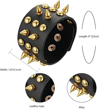 Чоловічий широкий браслет з натуральної шкіри JewelryWe Punk Rock з заклепками, регульований, чорний/коричневий