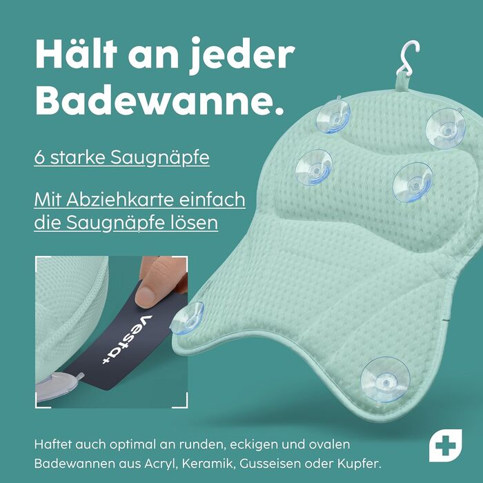 Vesta+ L Bath Pillow with Suction Cups - Tested Winner - Neck & Back Support for Bathtub - Non-Slip Bath Cushion for Bathtub & Shower (Mint)