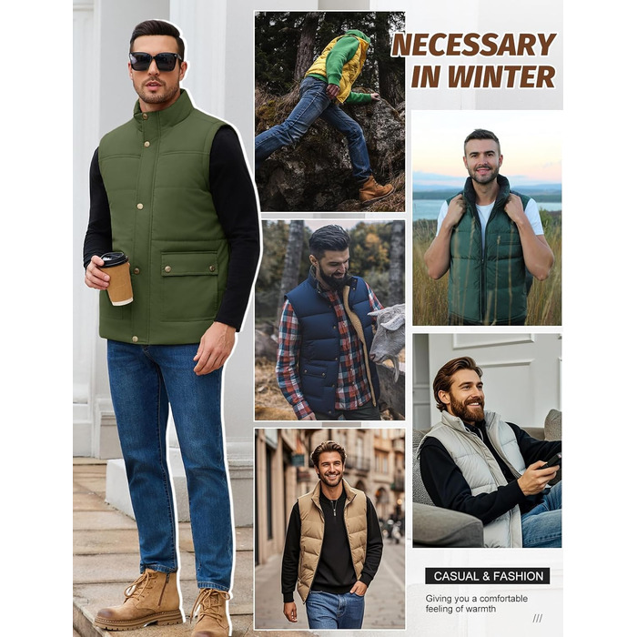 Xnova чоловіча зимова жилетка з підкладкою Thero Sherpa, тепла флісова жилетка, зимова куртка, жилетка для полювання, робоча жилетка, флісова жилетка для активного відпочинку з коміром-стійкою (Зелений, M)