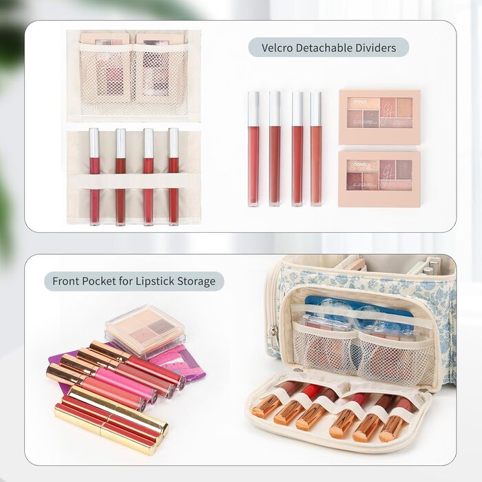 Косметичка велика для подорожей, жіноча косметичка з відділенням для пензлів, органайзер для макіяжу (синя квітка)