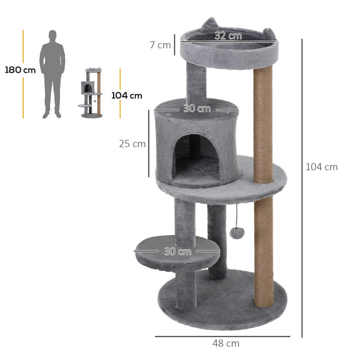 PawHut Multi-Level Cat Tree with Cave, Perches, and Scratching Posts - Large, Stable, and Luxurious with Sisal and Plush Fabric - Gray, 48x48x104 cm