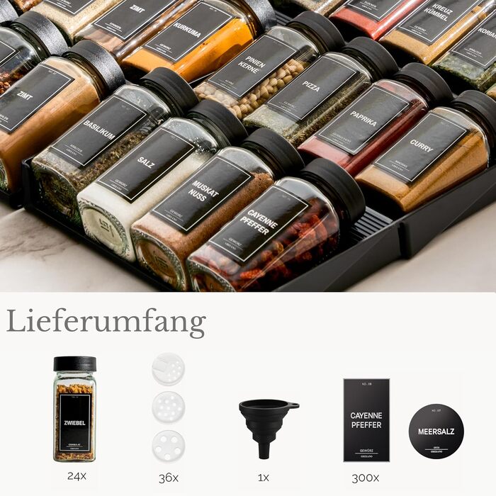 Набір банок для спецій з полицею, 24 шт x 120 мл, чорний (Obsidian Black) + 300 етикеток для спецій