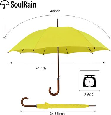 SoulRain Парасолька з класичною дерев'яною ручкою, автоматичне відкриття, вітростійка, прозора, незламна, 121.9 см (Жовта)