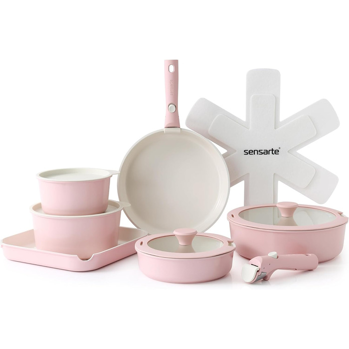 SENSARTE 17-Piece White Non-Stick Cookware Set with Detachable Handles - Induction, Dishwasher & Oven Safe, Healthy RV Cookware