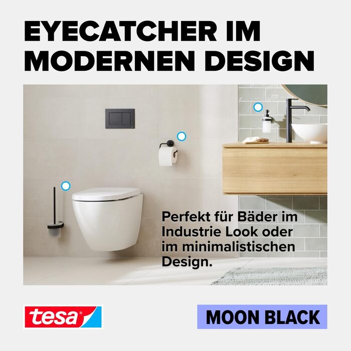 Тримач для туалетного паперу tesa Moon Black, матовий чорний, без свердління (на клейокій основі), індустріальний стиль, 140 x 99 x 53 мм