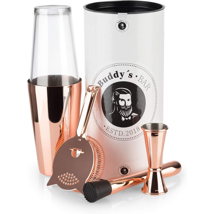 Boston Bar Set, 700 ml, Boston Cocktail Shaker, Bar Measuring Cup, Muddler, Bar Strainer, Food-Grade, Bar Set including Gift Box, (Polished Copper)