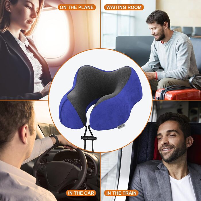 Подушка для шиї у подорожах: автомобільна, для літака, з memory foam, м'який велюровий чохол, для дорослих, для офісу, дому (Темно-синій)