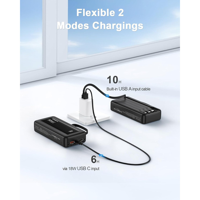 Повербанк з 4 вбудованими кабелями 27000mAh 30W USB-C швидка зарядка, зовнішній акумулятор з LED-дисплеєм для iPhone, Samsung, iPad та Android (Чорний)