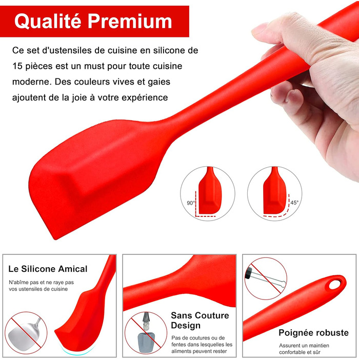 Набір кухонних аксесуарів Joyfair: 15 предметів з силікону, стійкий до нагріву, антипригарний, для посуду, з підставкою, миється в посудомийній машині (червоний)