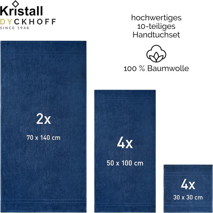 Набір махрових рушників Dyckhoff Kristall, 10 предметів, 100% бавовна, сертифікація Oeko-TEX, темно-синій (Marine)