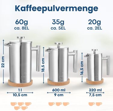 Френч-прес 600 мл з нержавіючої сталі, з підігрівом, 3 фільтри, пробка-підставка, для миття в посудомийній машині, преміум-якість, двостінний, срібний