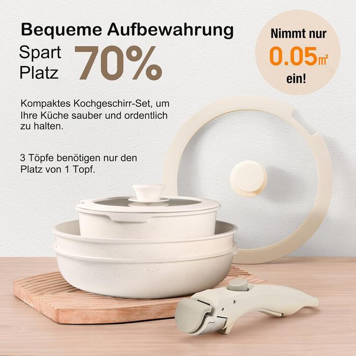 Набір посуду з антипригарним покриттям 11 предметів з знімними ручками (рожевий). Підходить для індукційних, газових плит, духовки та мийної машини. Без PFAS.
