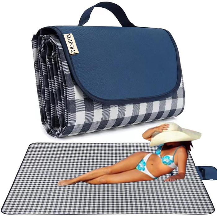 Великий пляжний рушник RUIBOLU для пікніка на 2-4 особи, водонепроникний, швидковисихаючий, для подорожей, кемпінгу, парку, газону (темно-синій в клітинку)