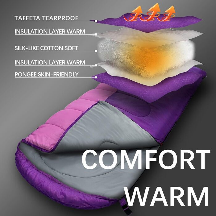 Спальний мішок Outdoor для дорослих, зимовий, машинного прання, водонепроникний, 3-4 сезони, з компресійним мішком, для кемпінгу, піших прогулянок, подорожей, 0℃-Комфорт, ліловий, 220x85CM