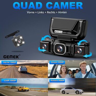 Автомобільний відеореєстратор GEMEK 4K/2K 360° огляду, 4-канальна Dashcam (передня, задня, ліва та права камери), 5G Wi-Fi, керування через додаток, G-сенсор, нічна зйомка, 3.16
