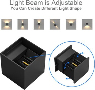 Klighten LED вуличне освітлення 2 шт. 7W, настінний світильник з регульованим світловим променем, тепле біле світло 3000K, IP65, вологозахист, чорний