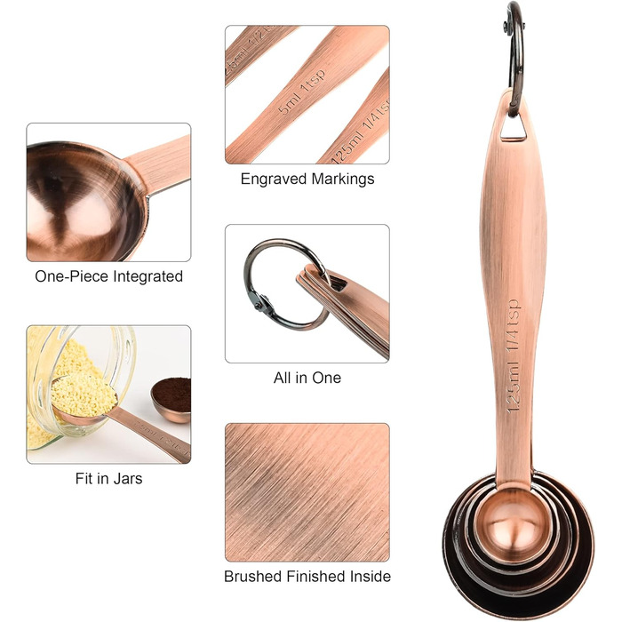 Copper-Plated Measuring Cup and Spoon Set, 5 Stainless Steel Measuring Cups and 5 Metal Measuring Spoon Set with Leveler, US and Metric Kitchen Measuring Cup and Spoon Set for Baking and Cooking