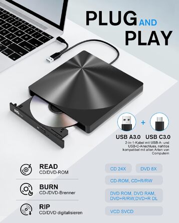 Зовнішній USB 3.0 та USB-C CD/DVD привід varkda для ноутбука та ПК, портативний DVD-плеєр та записник (RW/ROM), сумісний з Windows, macOS, Linux, чорний