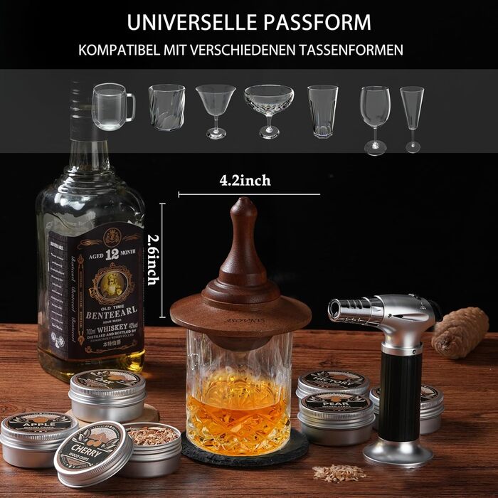 Набір для копчення віскі з факелом: 6 смаків, дерев'яні тріски, 2 склянки, 6 контейнерів для віскі, коктейльний набір для копчення, набір для копчення напоїв, подарунок на день народження для любителів бурбону (без бутану)