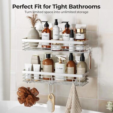 Полка для душу Orimade без свердління з 5 гачками, 2 шт. з нержавіючої сталі, срібло