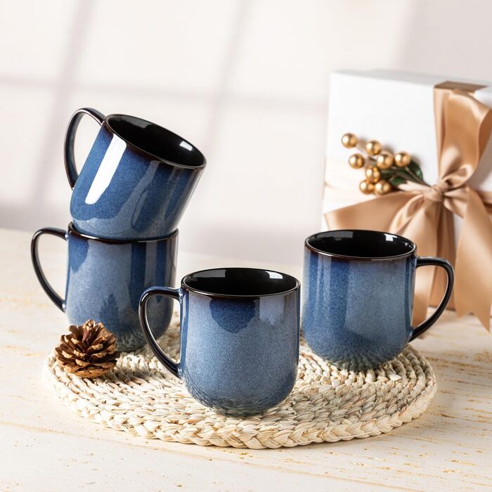 Набір керамічних кавових чашок LERATIO, 340 мл, 6 шт. - великі чашки з порцеляни з зручним ручками для лате, капучино, молока, какао, придатні для миття в посудомийній машині та використання в мікрохвильовці, ідеальні для чоловіків, жінок, батьків, Зелени