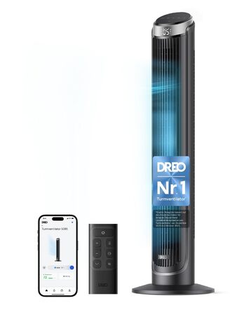 DREO Smart Tower Ventilator: Тихий вентилятор з Wi-Fi, дистанційним керуванням та керуванням голосом (Alexa), 90° осциляція, 5 швидкостей, 12-годинний таймер, сріблястий