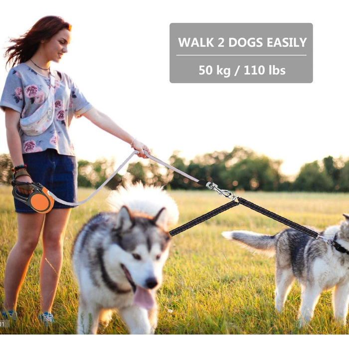 Висувна повід для 2 маленьких собак (до 20 кг кожна), 4.8 м, повід з мішками для екскрементів, неслизька ручка, одномісне управління, обертання на 360 градусів, розмір M (Помаранчевий/Західний колір у зигзаг-візерунку (Sunset Chevron), Large)
