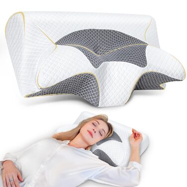 Подушка для шиї Saheyer з Memory Foam, 2-в-1: підтримка шиї, подушка для голови, для сну на боці, на животі та на спині, знімний та дихаючий чохол, 59 * 43 * 12/15 см, сіро-білий