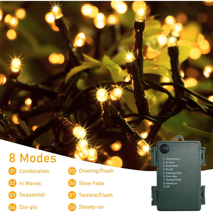 Гірлянда світлодіодна 30м, 300 LED, з таймером, 8 режимів, водонепроникна, зелений кабель, тепле біле світло, для декору, вечірок, саду, Нового року