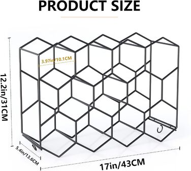 Urban Deco Wine Rack for 14 Bottles made of Metal, Bottle Rack Black with 2 Hooks for 2 Wine Glasses, Small Wine Rack for Kitchen, 43 x 13.6 x 31 cm