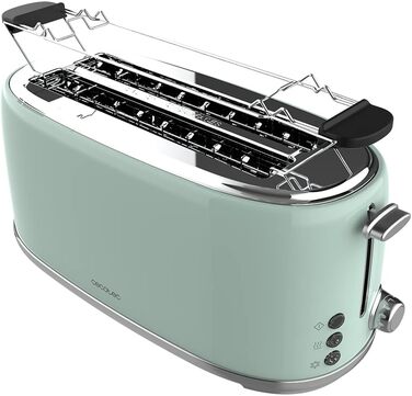Тостер Cecotec Toast&Taste 1600 Retro Double Green: 4 слоти, 1630 Вт, нержавіюча сталь, регулювання потужності, піддон для крихт