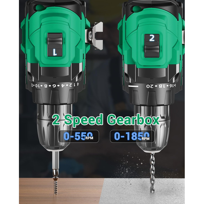 Акумуляторний шуруповерт безщітковий 21V BETENST з акумулятором 2.0Ah, 45Nm, 20 моментів, патрон 10mm, 2 швидкості, 20-ти елементний набір для дому, саду та DIY проектів (зелений)