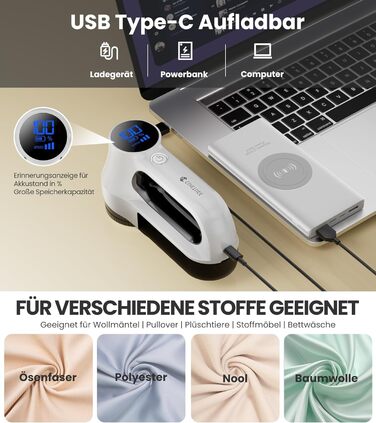 Машинка для видалення катишків CuieTuee з LED та USB-зарядкою, 3 швидкості, 2000mAh, для одягу, білий