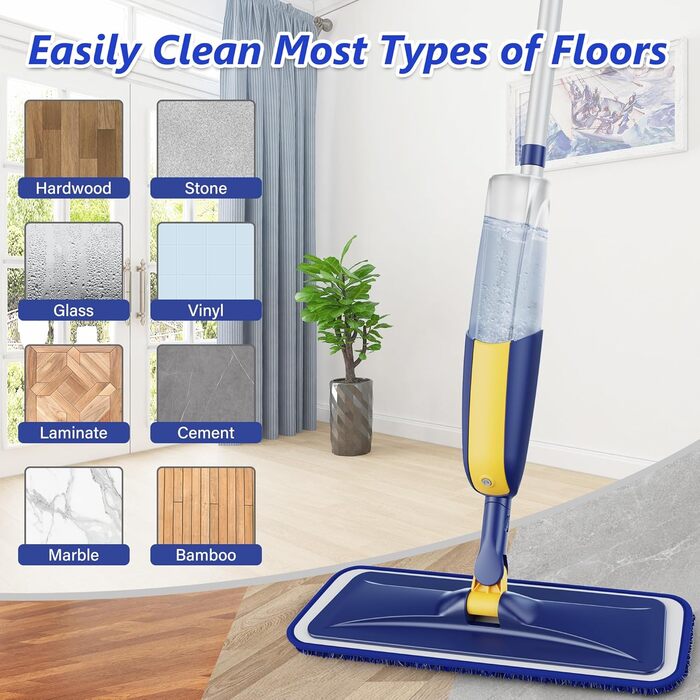 Швабра з розпилювачем MANGOTIME - швабра з розпилювачем, моп для підлоги з баком для води та 3 насадки для швидкого прибирання паркету, мармуру, дерева, ламінату (жовта)
