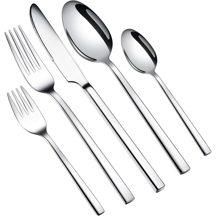WUJO Cutlery Set, Stainless Steel Cutlery, 30-Piece Silver Cutlery Set including Knives, Forks, Spoons, Cake Forks, Tea/Coffee Spoons, Dining Cutlery for 6 People, Mirror Polished, Dishwasher Safe