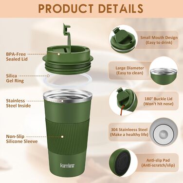 Термокружка KETIEE 510мл, з подвійними стінками, для кави та чаю, оливковий колір