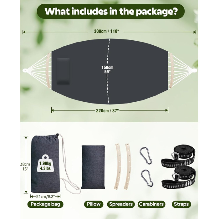 Гніздо-гамак Chihee з бавовни, 300x150 см, для кемпінгу, до 300 кг, з подушкою та стропами