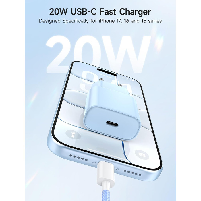 Зарядний пристрій 20W USB-C для iPhone 17/16/15, 2 шт. + Кабель USB-C 2м, PD3.0, блакитний+ліловий