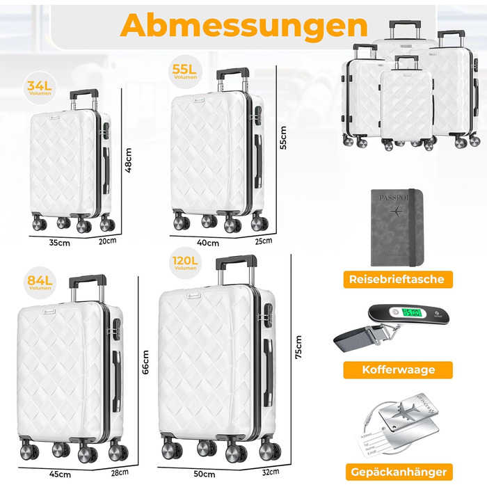 Набір валіз KESSER® 4 шт. | ABS валізи з кодовим замком, ваговою валізою та органайзером для подорожей | Ручна та велика валіза для бізнесу та подорожей, 360° обертання (Білий сніг)