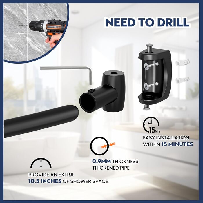 Вигнута штанга для душу, 107-190 см, регульована, чорна, кругла, для ванни, душової кабіни, з нержавіючої сталі, преміум-якість, потребує свердління