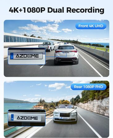 Відеореєстратор AZDOME Dashcam Auto Vorne Hinten 4K+1080P з WiFi, GPS, ADAS, Super Nachtsicht, G-Sensor та Parküberwachung